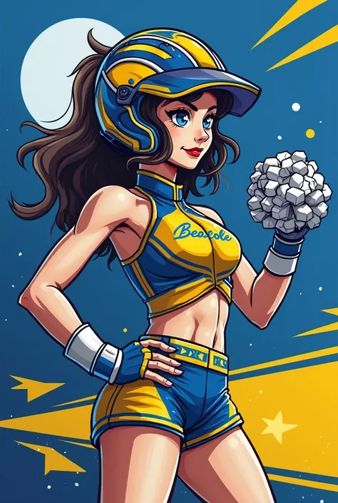 Generate a banner poster for a Cheerleading team whose name is Beacole. Their theme is race car drivers. Their house color is blue and yellow. Their opponent have the core green and red. Incorporate all these factors into the poster.