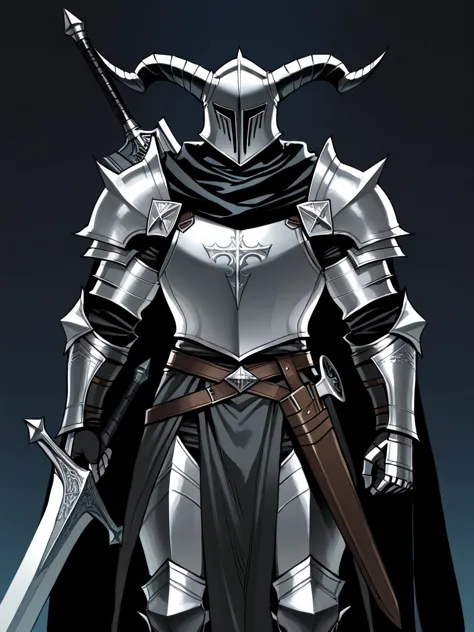 ((ratatatat74)), ((1 boy)), solo, "A gothic fantasy-style knight clad in full plate armor. The armor is primarily dark silver and black metal, adorned with intricate engravings. The helmet features curved horns, with a shadowed visor that obscures the eyes...