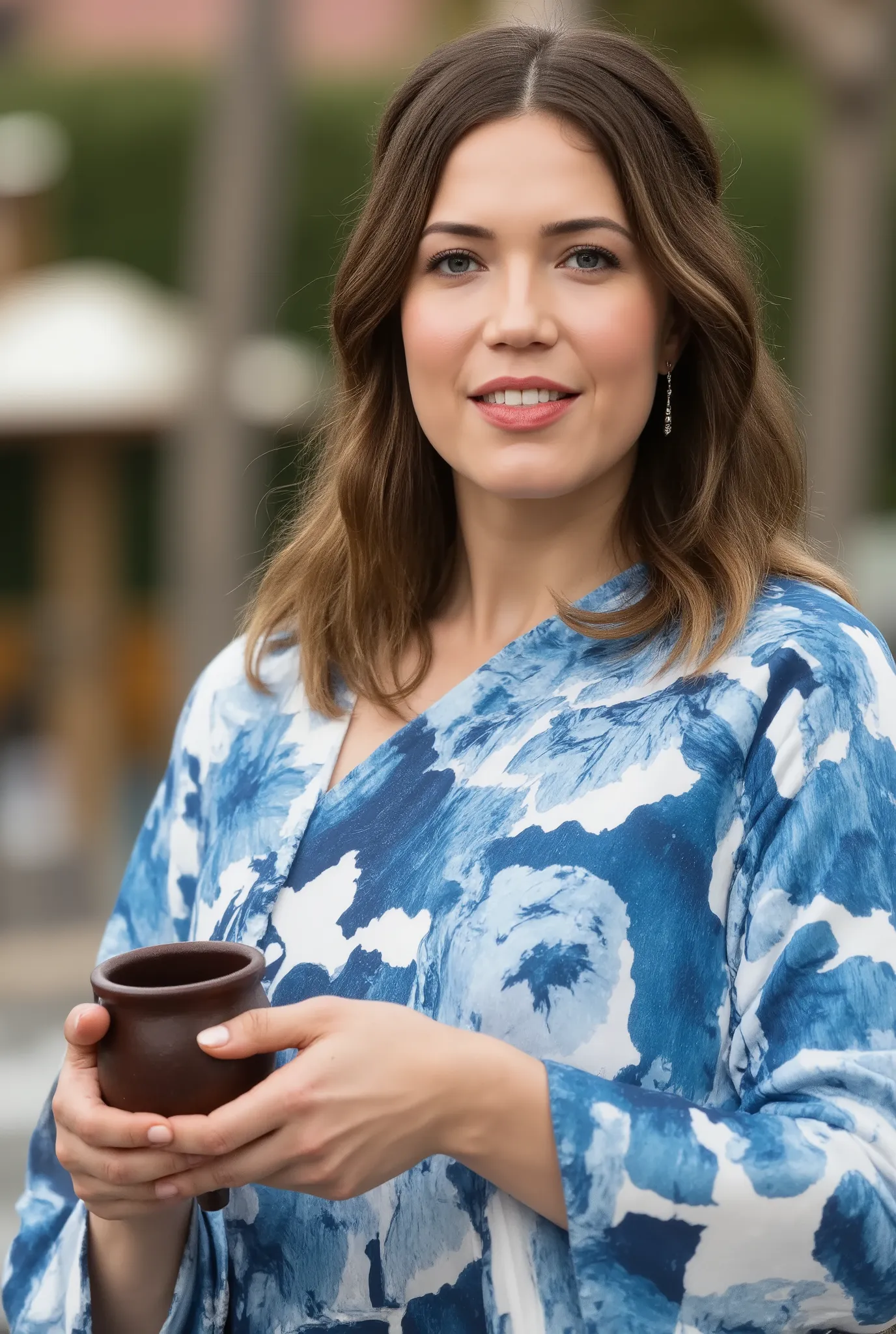 best quality, highres, 8k, masterpiece, photography, detailed midbody photorealistic portrait. Mandy Moore wears a blue yukata featuring a traditional mountain landscape motif, symbolizing the natural beauty of Kyoto. The fabric is light and breathable, pe...