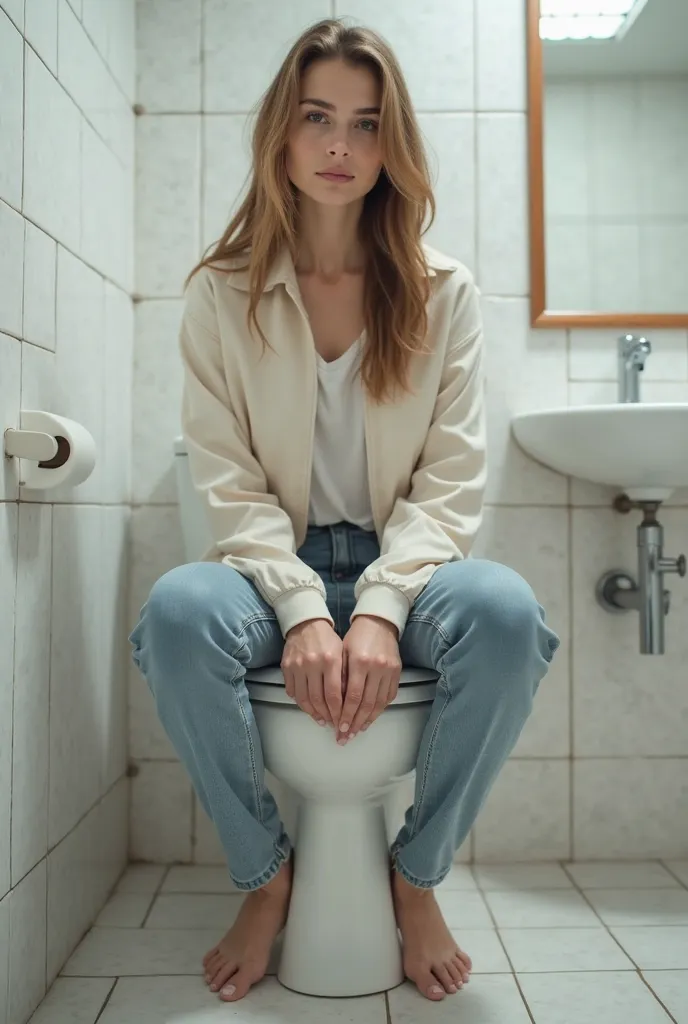 Woman pooping in a conventional toilet