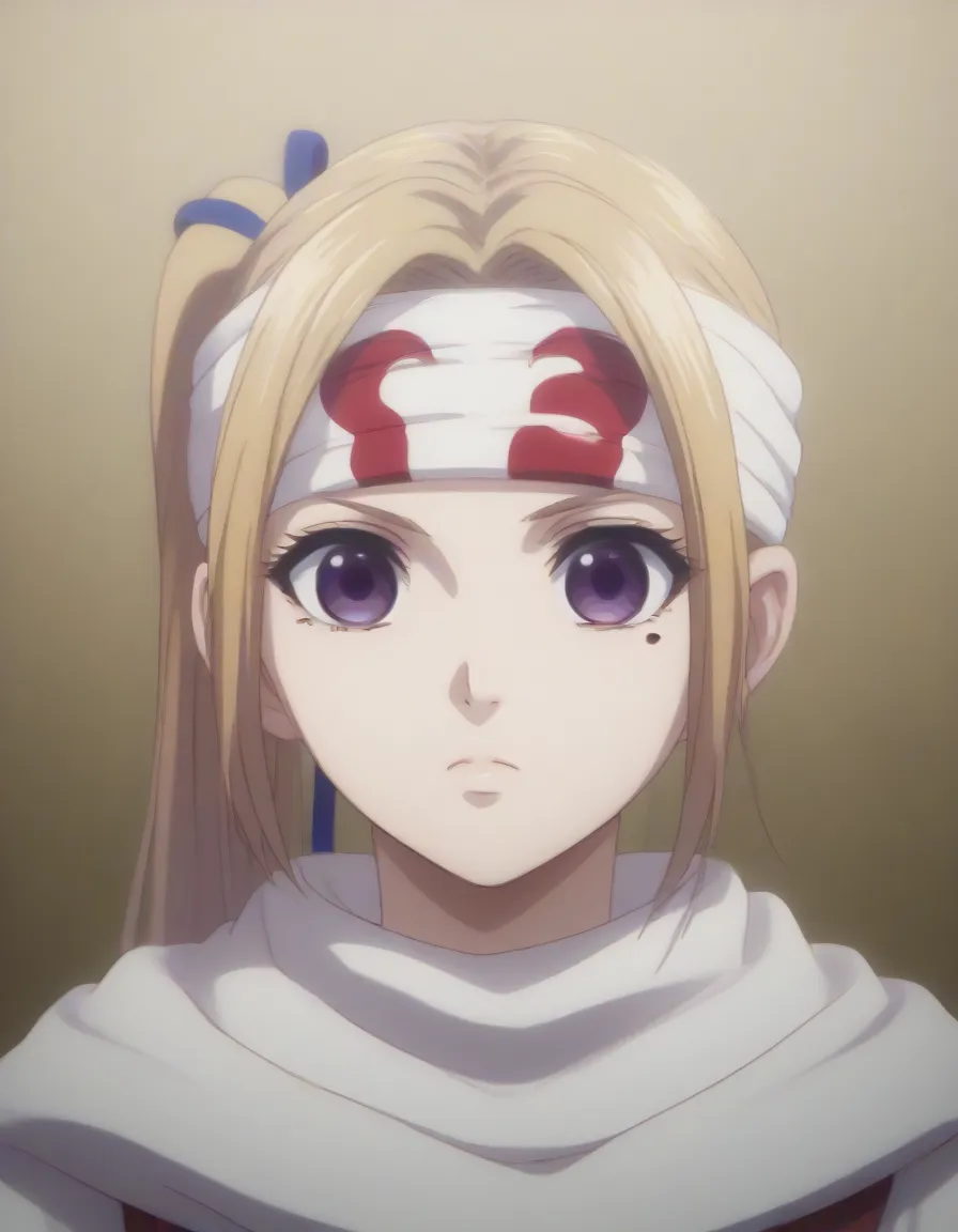 cowboy shot score_9,score_8_up,score_7_up,score_6_up,score_5_up,score_4_up,anime coloring BREAK source_anime,anime, ,,looking at viewer standing stare (headband) cowl , ((empty eyes))  mai kawakami, blonde hair, hair ribbon, long hair, mole, mole under eye...