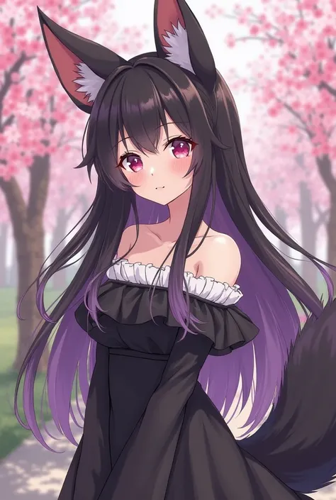 Create a picture, create an anime image of a black long-haired woman with purple hair ends, light pink eyes, white skin wearing a black white off-the-shoulder dress, with fox ears on her head and a fox tail on the back. The background is a cherry blossom g...