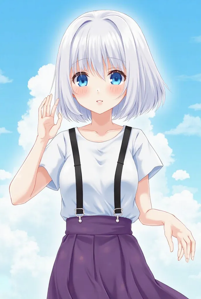 Draw, Anime girl , with blue eyes, with white bob hair. A girl is wearing a white shirt, violet skirt, black braces . The girl should show some gestures. The girl is standing against the sky with clouds, and nothing should be visible against the background...