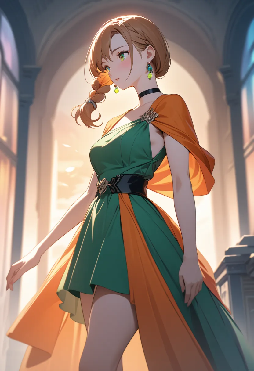 A beautifully illustrated anime-style girl with a single braid falling gracefully over her shoulder. She wears elegant earrings and a stylish choker, accentuating her refined appearance. Her vibrant orange cape flows gently behind her, contrasting beautifu...