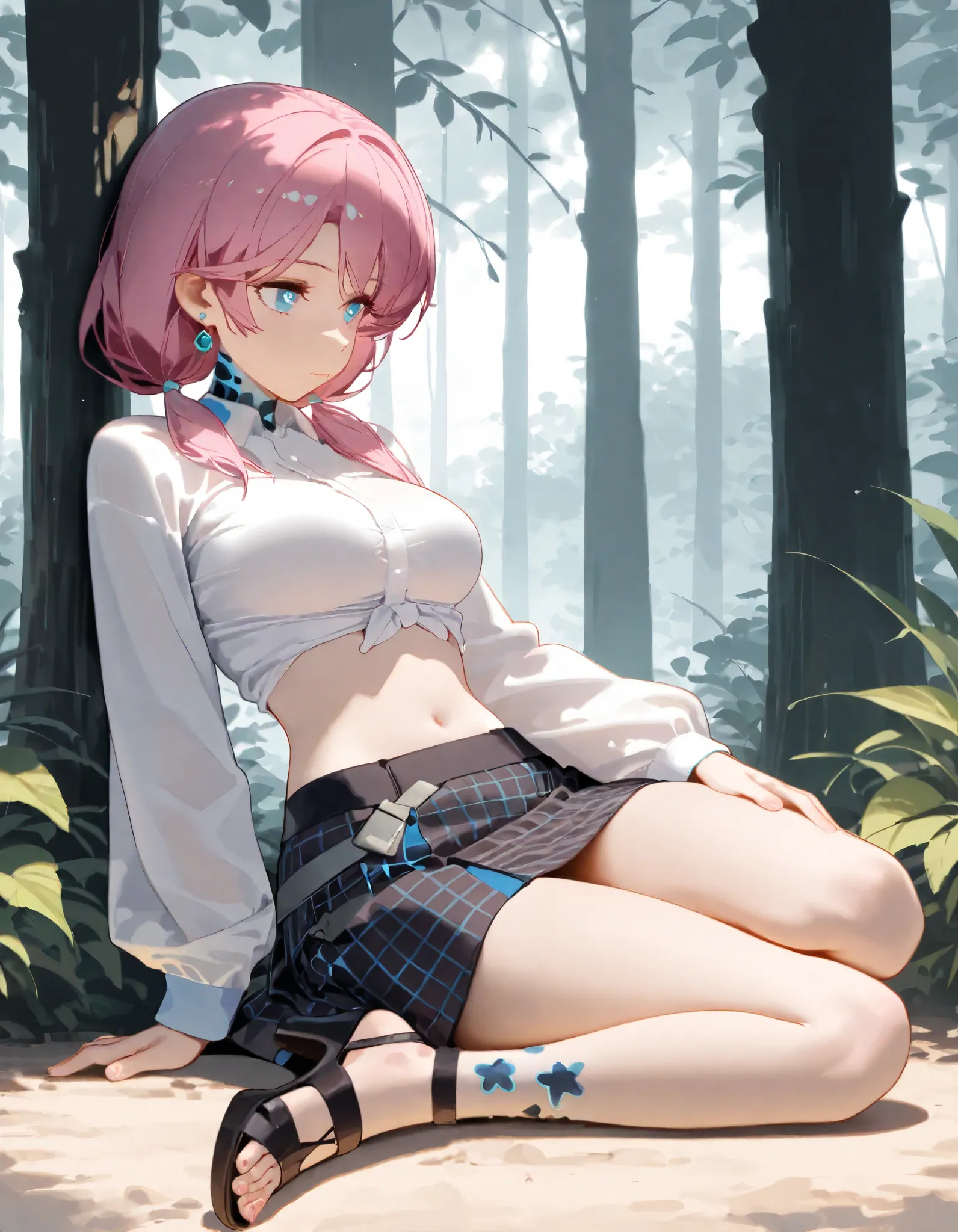 {{super detail, best quality, anatomically correct, textured skin, high quality, high details, highres, masterpiece, best quality}}, masterpiece, best quality, solo, 1girl, blue poison (arknights), 1girl, medium breast, unusual pupils, pink hair, low twint...