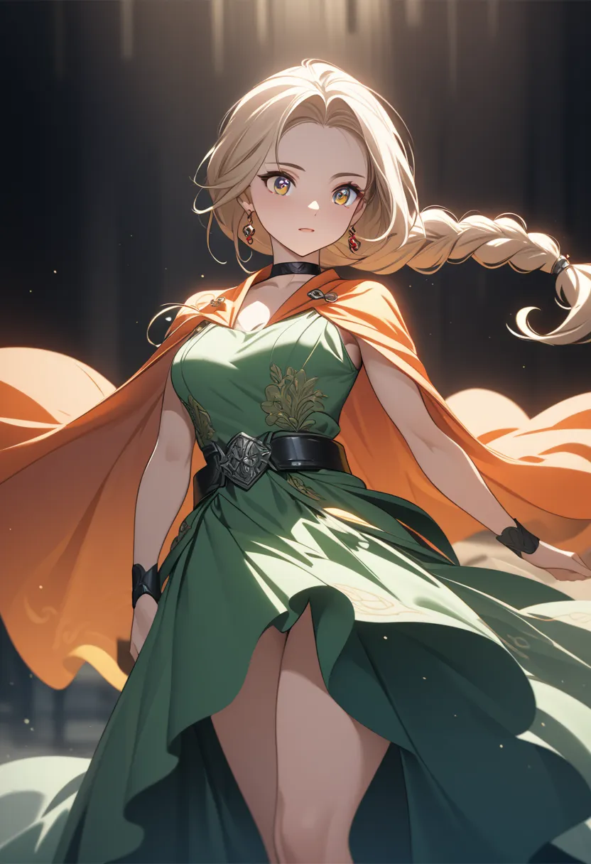 dqBianca, A beautifully illustrated anime-style girl with a single braid falling gracefully over her shoulder. She wears elegant earrings and a stylish choker, accentuating her refined appearance. Her vibrant orange cape flows gently behind her, contrastin...