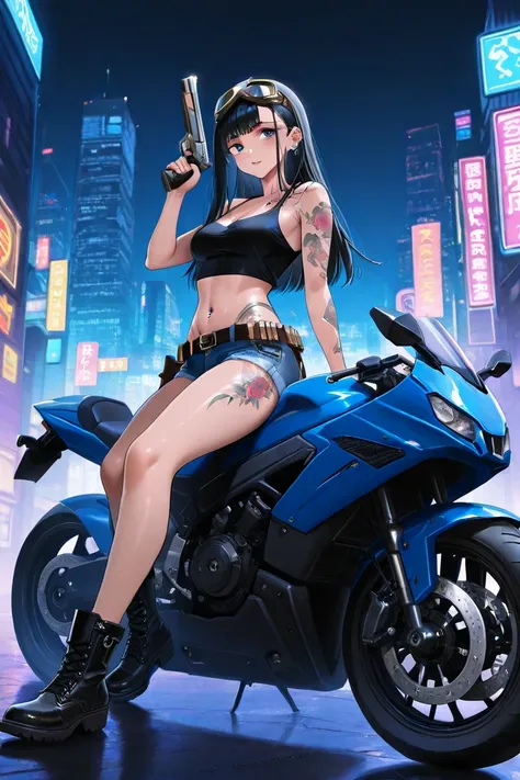 sexy woman riding motorcycle、long black hair。 blue eyes。Tattoos and piercings、Put goggles on your head、belly button tank top and denim shorts、 engineer boots、Gun belt on waist、 with a handgun in one hand 、Spanning a futuristic motorcycle、 Cyberpunk City Ba...