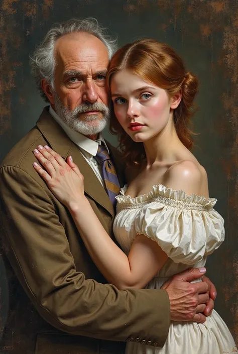 masterpiece，A work that looks like a masterpiece、Impressionism 、Renoir， European style, young girl and old Man, standing, hugging, Looking at the camera, young girl big breasts, beautiful girl face 