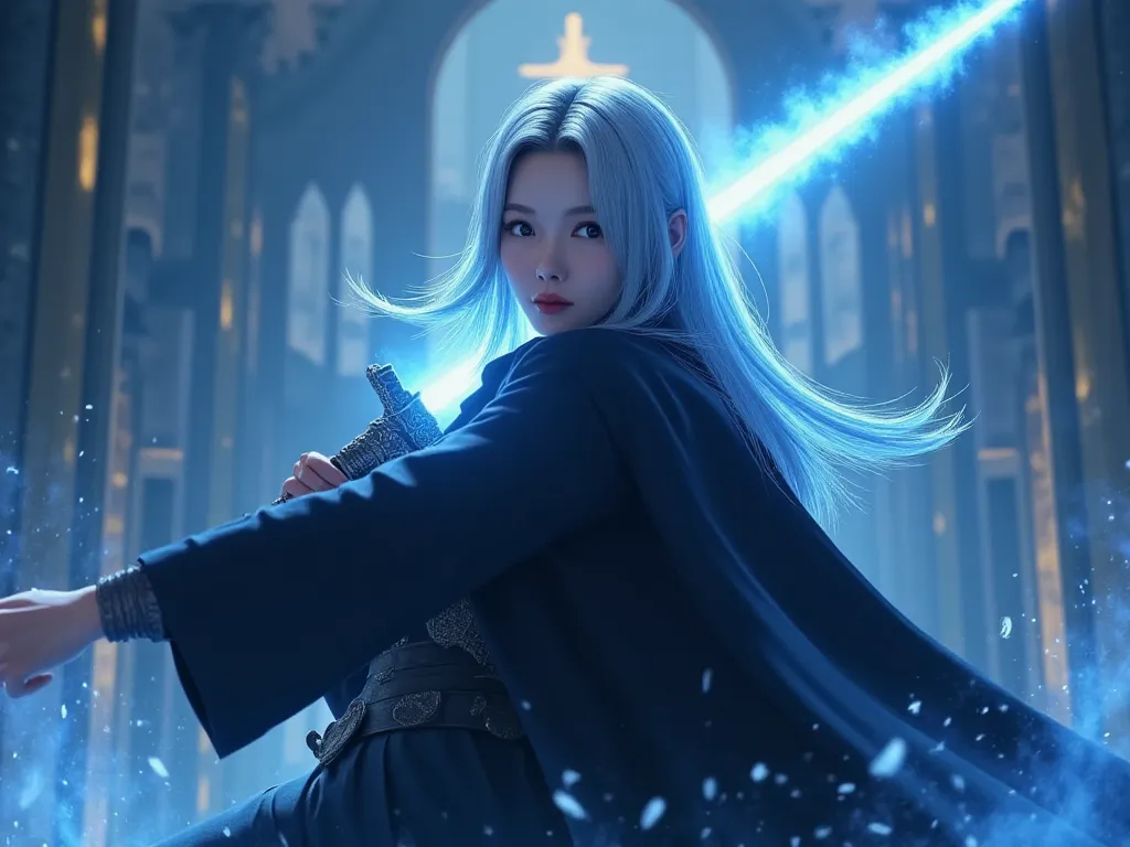 a woman with  silver hair and pale skin, wielding a flaming blue rapier in an epic pose, wearing a black cape, against an epic fantasy background, best quality,8k,masterpiece,ultra-detailed, dynamic action pose, dramatic lighting, cinematic, vibrant colors...