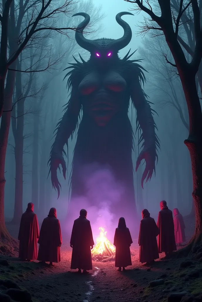 Shub-niggurath, a gigantic creature full of grotesque breasts, tentacles and eyes that give off a kind of viscous, black protein liquid, emerges from the shadows in a forest full of mist, Only illuminated by a bonfire that gives off a purple flash while ma...