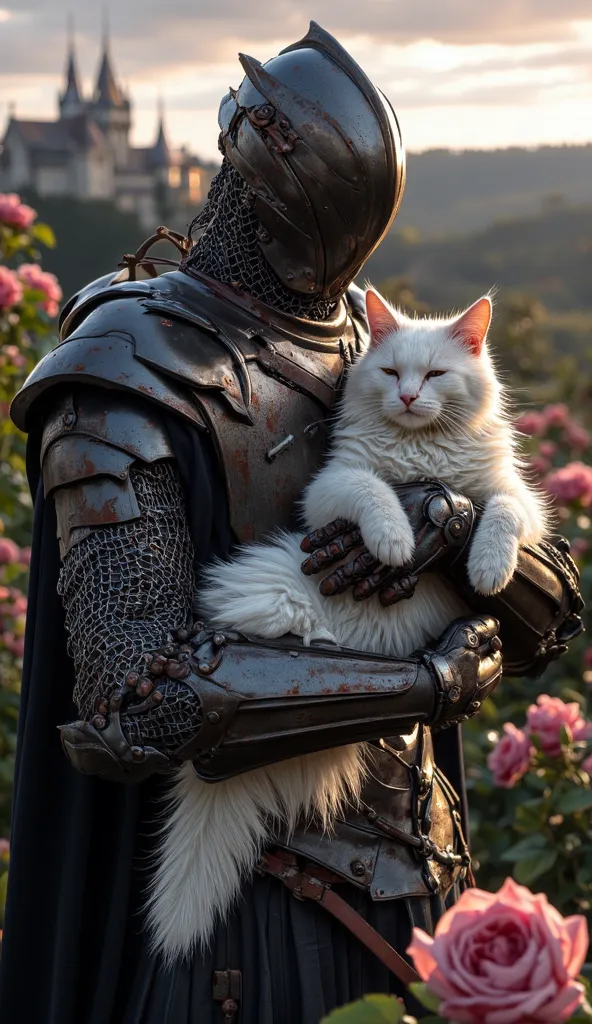 Draw a completely medieval knight a, aged and with signs of wear, holding a white cat in your arms.  The armor is dark , metal armor with rusty tones and details which indicate a long time of use or exposure to the environment. O elmo, closed and without a...