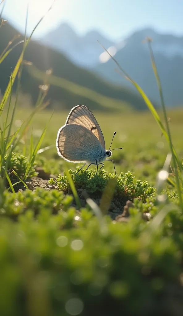 In a green steppe, between snow-capped mountains, a small gray butterfly Slowly flapping wings, hovering in soft light. It finds a suitable location on moist soil and begins to lay eggs. Close-up camera, recording each tiny egg, shiny reflecting the sun, s...