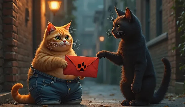 (Ultra realistic), "A fat orange cat in jeans with curious eyes stares at a red envelope with a mysterious paw print symbol. A shadowy black cat wear a mask watches from the alley, offering the invitation under a dim streetlight."