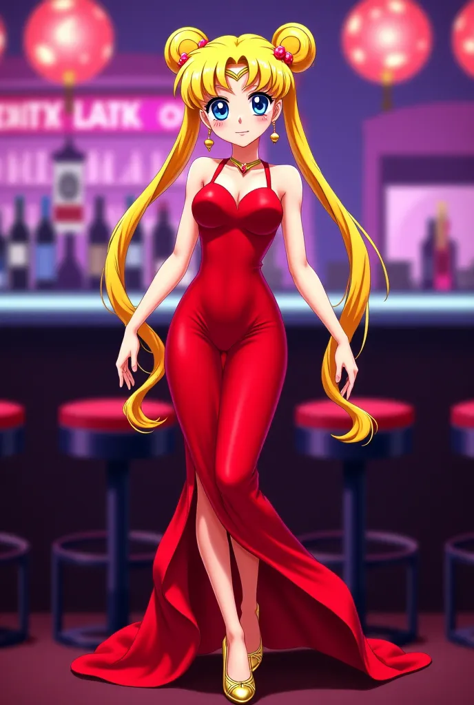 Background: an anime nightclub, a blonde woman with long hair tied in two tall pigtails, blue eyes, face identical to the character Serena Tsukino from the anime Sailor Moon, wearing an elegant red party dress, golden stiletto heels, full body image 