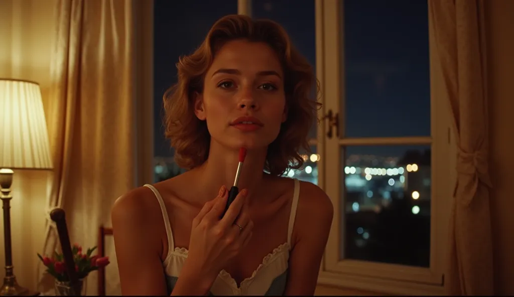 A warm summer evening in the 1980s. A young European-looking woman, dressed in classic 80s fashion, is getting ready for a night out. She carefully applies lipstick, adjusting her look under the soft glow of a lamp. Her retro apartment is filled with styli...