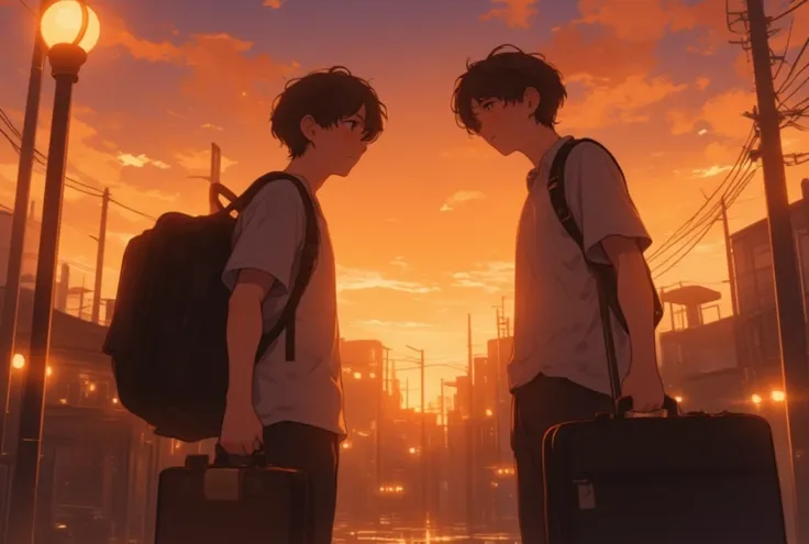   an 18-year-old boy  ,   short hair,  brown hair,   brown eyes, blush, The boy is sad, he feels as if he is about to cry, a tear runs down his cheek,  the boy is trying to reach another man who is carrying a suitcase, the background is the sunset and ther...