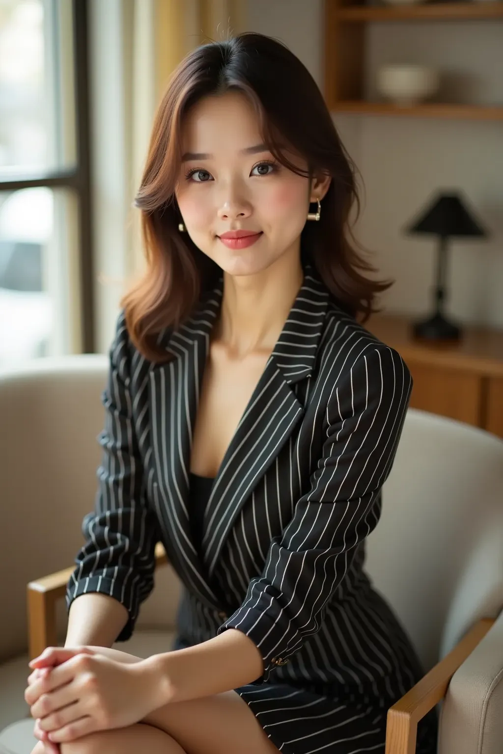 Professional photo shoot of a beautiful woman using natural light、They are having a meeting at a cafe wearing a striped suit with a tight skirt