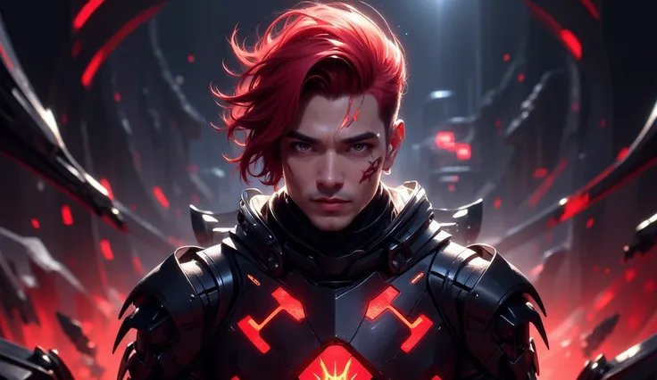 "A handsome futuristic male assassin with striking red hair, sharp features, and intense eyes. He wears a sleek, glowing black outfit with intricate red patterns that pulse with energy. The outfit is high-tech and tactical, featuring metallic accents and a...