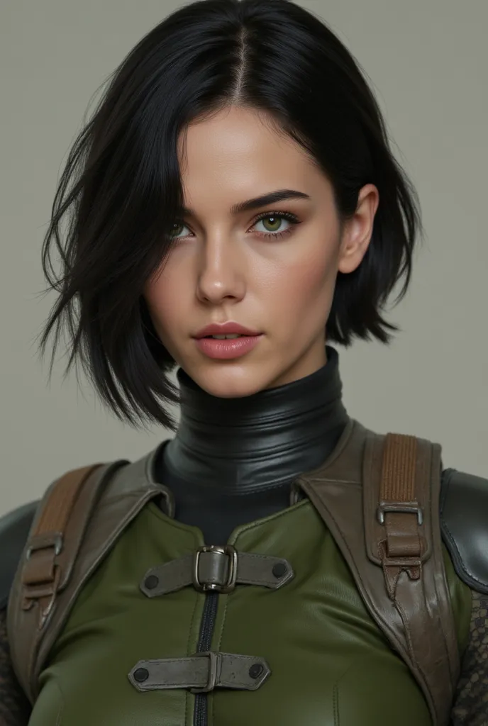 A 25-year-old woman with a tall and curvy , big boobs ,athletic build, short black hair, and a scar above her right eyebrow. Her striking green eyes convey a sense of deep determination. She wears a combat suit with subtle armor pieces, ready to take on th...