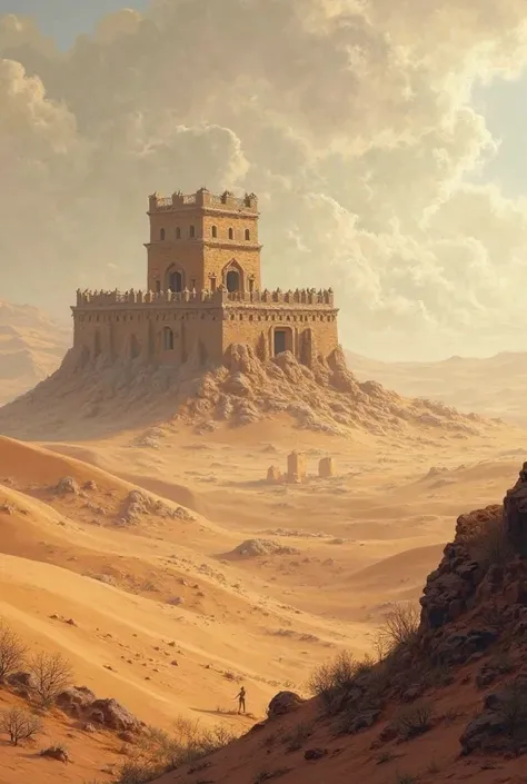 Small fortress rising distantly in a mystical desert