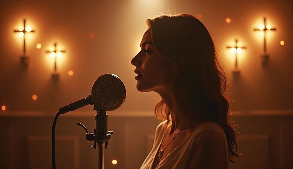 close up A potrays a woman standing calm singing behind mic in the middle of a modern studio, with illuminated crosses on the walls behind her, high detail, cinematic lighting, warm ambiance, realism, 4k resolution, masterful composition.
