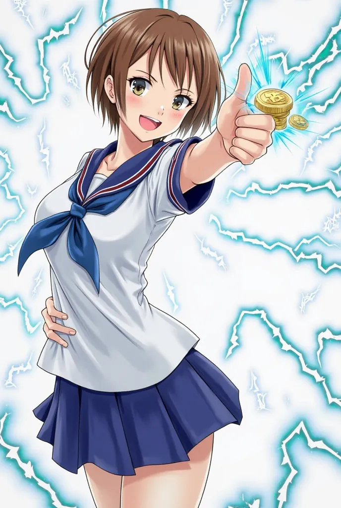  score_9,score_8_up,score_7_up,alone, solo, high quality, dynamic pose, (Misaka Mikoto_A Certain Scientific Railgun), brown short hair, a beauty, Railgun, school uniform, Lightning emitting from the whole body, attack posture, hand holding a coin, popping ...