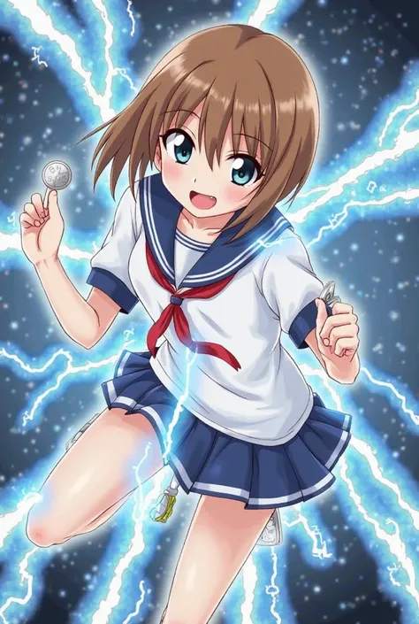  score_9,score_8_up,score_7_up,alone, solo, high quality, dynamic pose, (Misaka Mikoto_A Certain Scientific Railgun), brown short hair, a beauty, Railgun, school uniform, Lightning emitting from the whole body, attack posture, hand holding a coin, popping ...