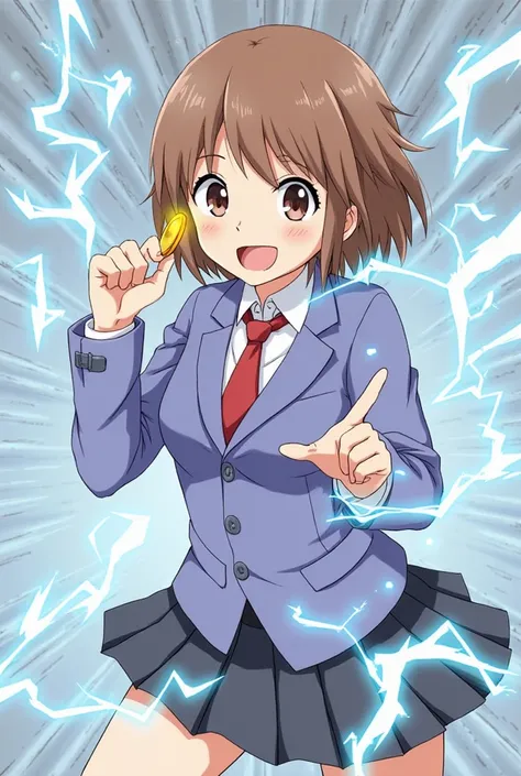  score_9,score_8_up,score_7_up,alone, solo, high quality, dynamic pose, (Misaka Mikoto_A Certain Scientific Railgun), brown short hair, a beauty, Railgun, school uniform, Lightning emitting from the whole body, attack posture, hand holding a coin, popping ...