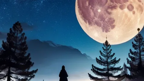 Highest quality,Big moon and shadow,A silhouette of a person can be seen against the backdrop of a large moon.,There is one full moon,There is a mood, beautiful scenery,starry sky