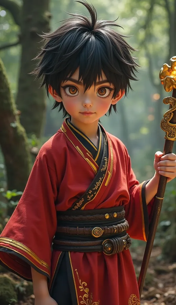 "A young boy in a hyper-realistic cosplay of Zenki from Zenki: Guardian of the Spirits. He wears a simple but striking red tunic with gold and black accents, reminiscent of traditional warrior garb, but adapted to his small, youthful frame. His hair is sho...