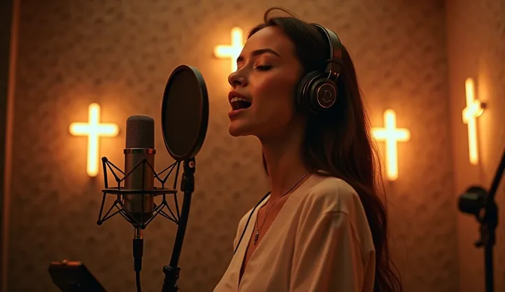 close up A potrays a woman standing calm singing behind mic in the middle of a modern studio, with illuminated crosses on the walls behind her, high detail, cinematic lighting, warm ambiance, realism, 4k resolution, masterful composition.
