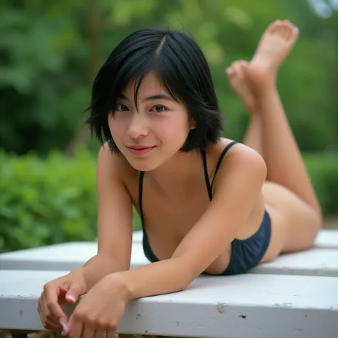 A 18 years old girl lie flat on a table,  in the park, very beautiful face, black short hair, wearing tiny bikini, very sexy apperence, looking at camera 