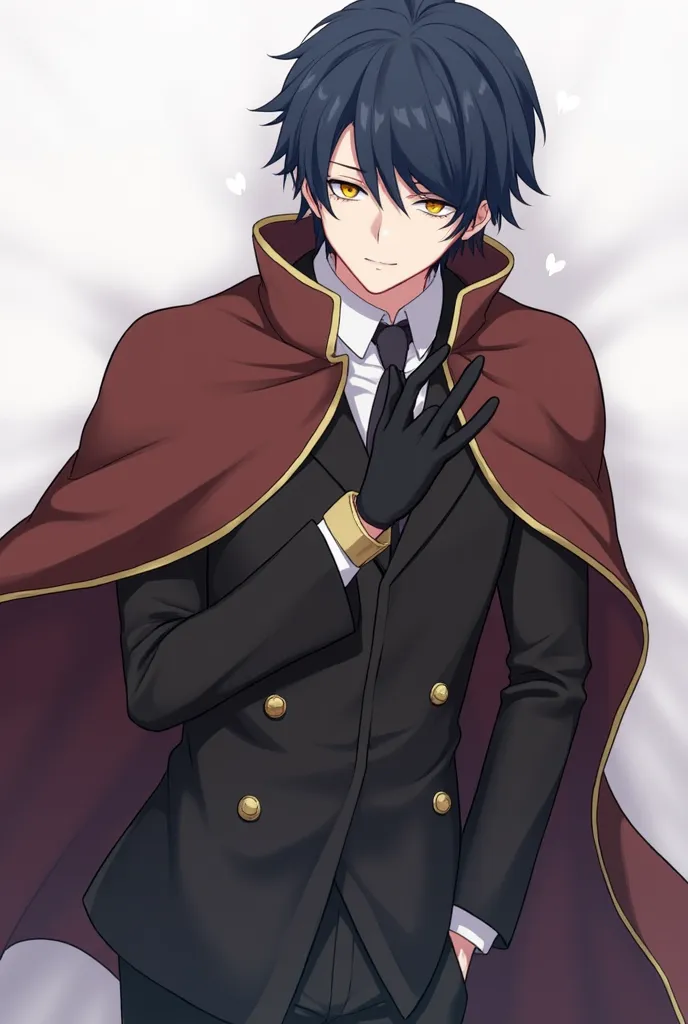  masterpiece, best quality, score_9, score_8_up, score_7_up, 1boy, male focus, mature, male focus, 18 years old, solo, dark blue hair,blonde eyes,bang,tight clothes, gentle, soft,cape, military cape,closed mouth,ahoge, sleeves, sleeves shirt, gloves,detach...