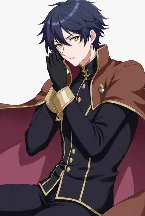  masterpiece, best quality, score_9, score_8_up, score_7_up, 1boy, male focus, mature, male focus, 18 years old, solo, dark blue hair,blonde eyes,bang,tight clothes, gentle, soft,cape, military cape,closed mouth,ahoge, sleeves, sleeves shirt, gloves,detach...