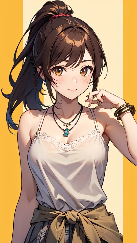 brown hair perm ponytail、Brown Eyes、smile、cute pose。yellow Argyle pattern camisole、Chain belt、gray tulle skirt、red mule 、Tiffany necklace、Stylish Decorative Bracelet。 with one hand on the waist。
全身を入れたcute pose。

is anatomically correct, high detail, high ...