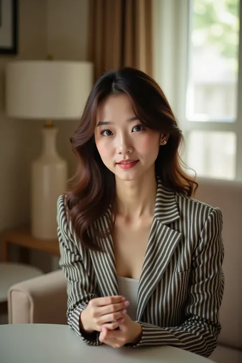 Professional photo shoot of a beautiful woman using natural light、They are having a meeting at a cafe wearing a striped suit with a tight skirt