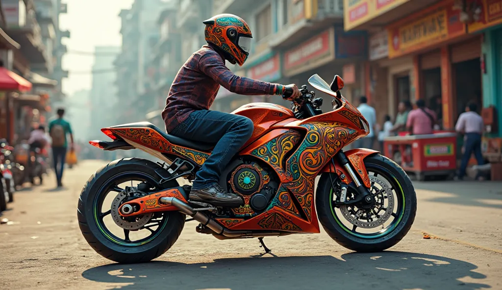 motorcycle, side view, colourful, indian style