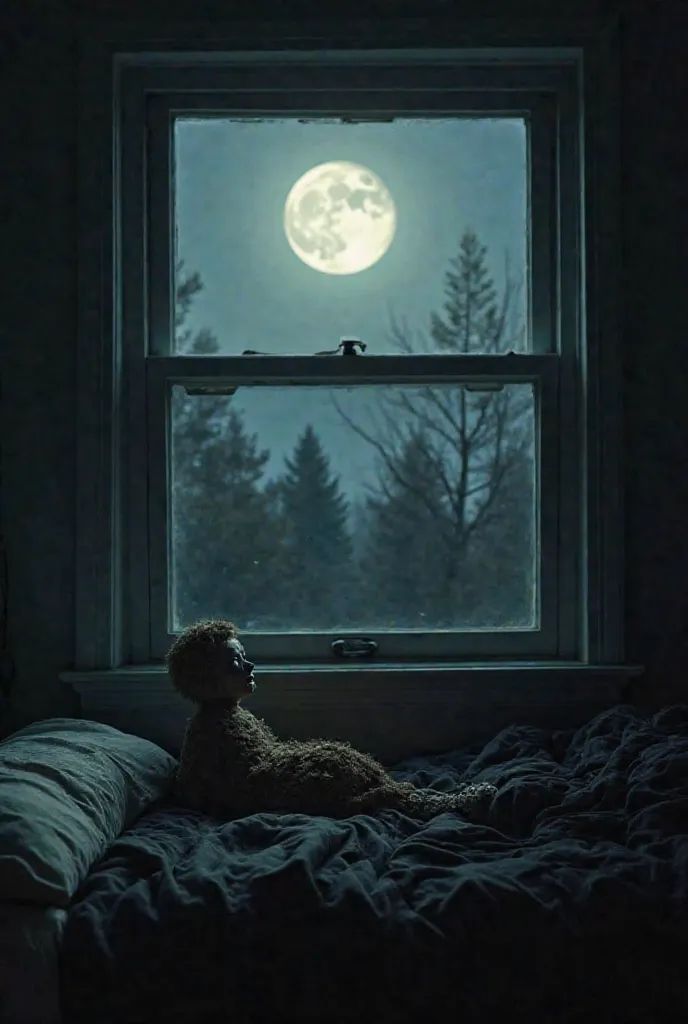 It will be a room, in this room there will be a bed, the bed will have black covers and white sheets and will be a little messy. There will be a somewhat large window, in this window alone some trees and you'll see a very bright full moon, the only thing t...