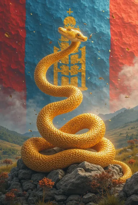 Background in Mongolian flag, Gold snake, behind mongolian nature, 