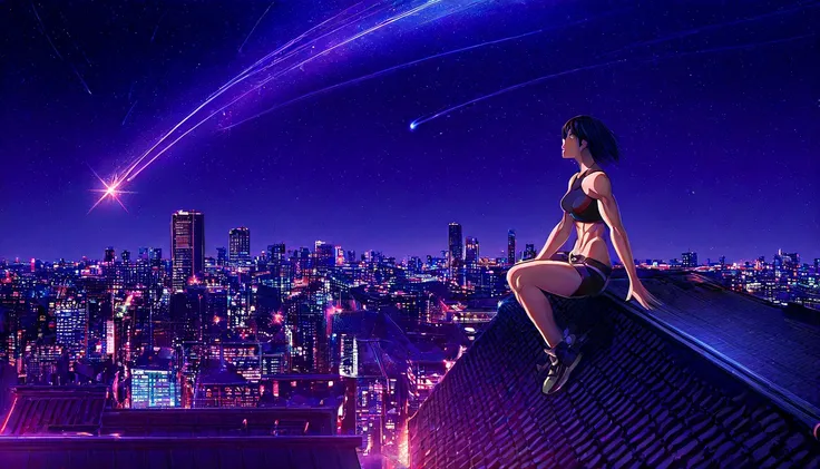 Ultra detailed, high quality, absolute resolution, 8K, night, starry night, stars, rooftop building, overlooking modern city, shooting star, girl sitting, beautiful, aesthetic, anime background style, toned colors