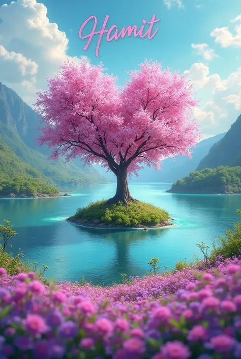 A heart-shaped cherry blossom tree stands on an island in a tranquil lake.  The tree is vibrant pink, with numerous delicate blossoms. The lake water is a clear, turquoise-blue, reflecting the surrounding pink blossoms and hills.  The mountains in the back...