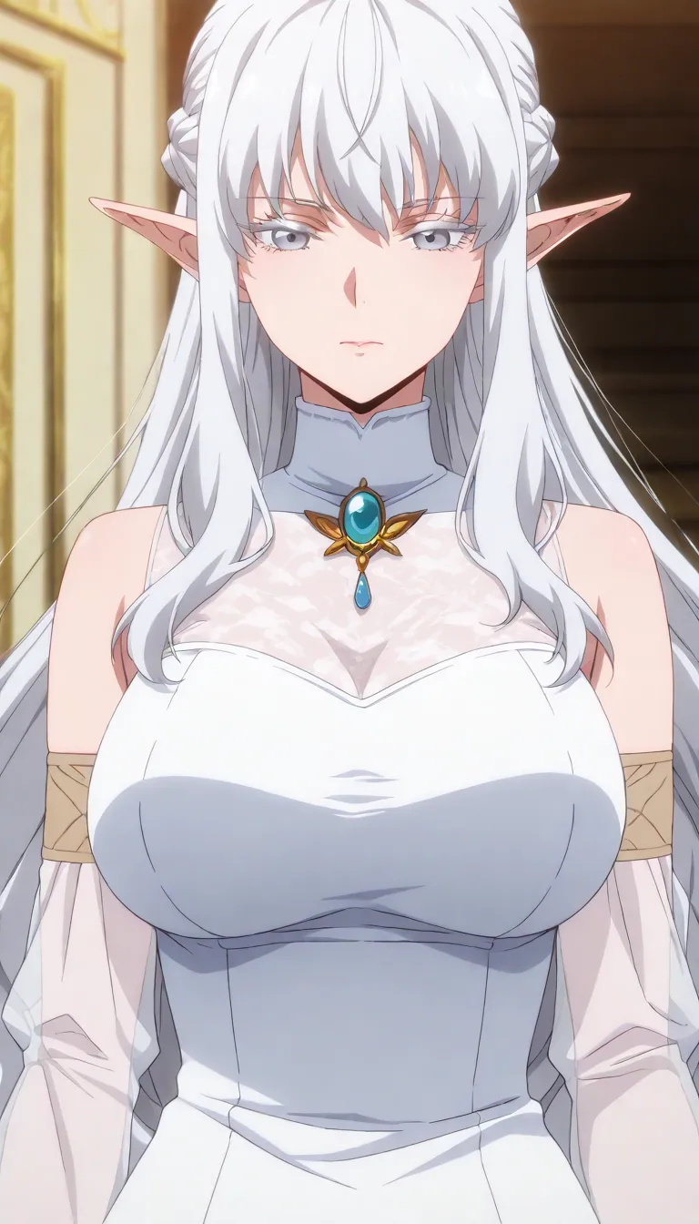 Masterpiece, best quality, source_anime, anime screencap, anime coloring, anime screencap, 1girl, mature female,Quikantel,ice grey eyes,blue eyes,white eyelashes,long hair,white hair,pointy ears,french braid,sidelocks,turtleneck,brooch,white dress,sleevele...