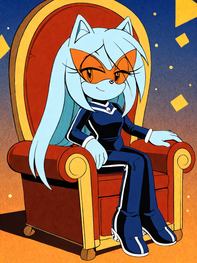 Sonic the hedgehog with blue skin with female bangs with long hair with big boost cartoon she is sitting on a chair 