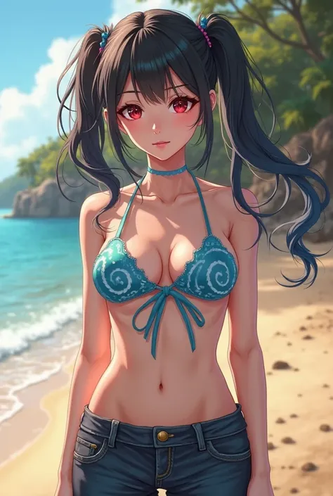 Generate for me anime  black hair twintail girl beautiful in beach wearing  blue bikini top and black  jeans ane red left  eye and red eye right 