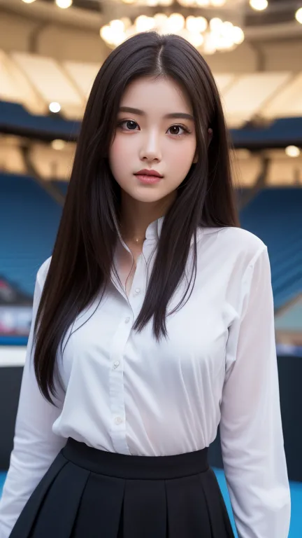 a beautiful 18 years old girl, 1 girl, she is a student, she wears white shirt inside black suit and black skirt, looks very beautiful, extremely detailed eyes and face, beautiful detailed lips, long eyelashes, royal girl, elegant girl, cool girl, jealousy...