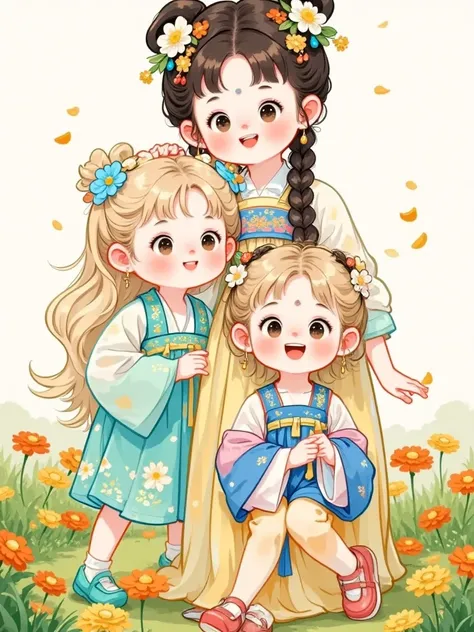      Cute girl     ，full body，May Botham，chrysanthemum，three girls