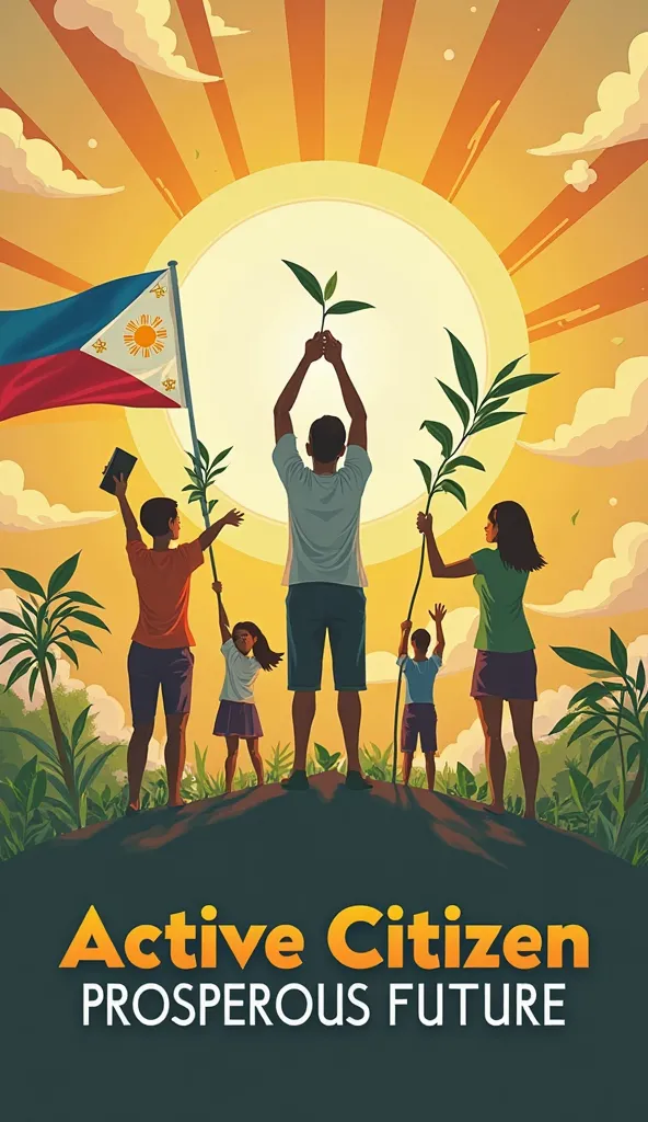  Poster Concept

Title : “Active Citizen, Prosperous Future”

Poster Elements:

1. central image:

A person holding a book and raising a hand (symbolizes continuous learning and social participation).

A hand that plants the plant (symbolizes caring for na...