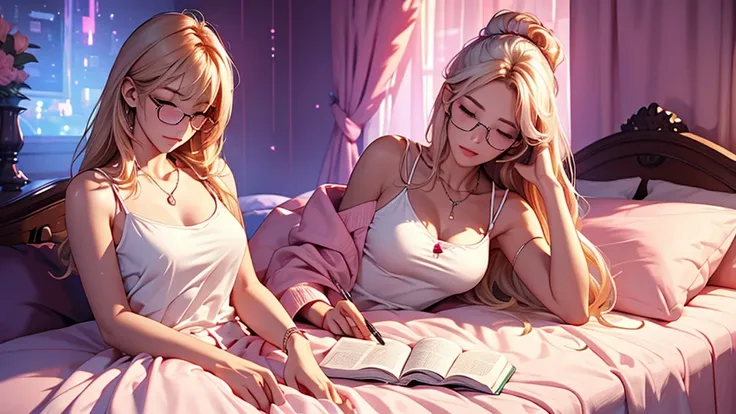 Highest quality、masterpiece、High sensitivity、High resolution、Detailed Description、Slender women、Glasses、White camisole、sleeping on bed room、Pink neon lights、In the room. closed eye