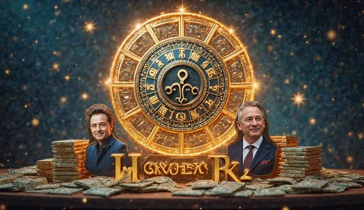 A high-impact, cinematic thumbnail featuring a glowing zodiac wheel in the background, symbolizing astrology. In the foreground, place stacks of money and gold bars, radiating wealth and success. Add cut-out images of famous billionaires (like Elon Musk, J...