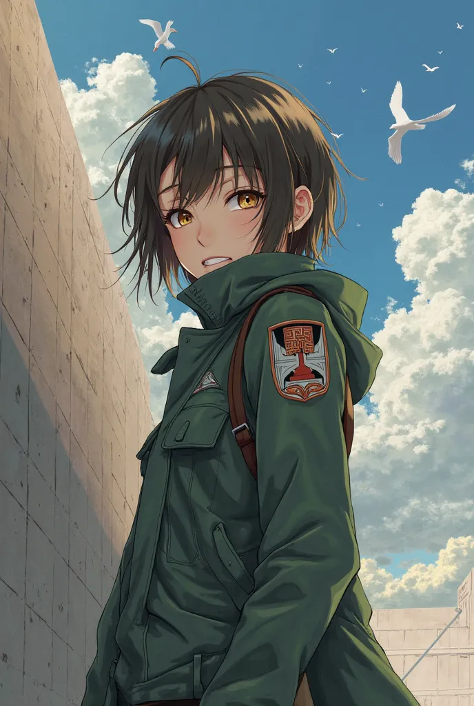 (masterpiece) (drawing) A girl with dark brown and orange eyes, fair skin, dressed in a costume of the corps of the reconnaissance squad from the anime "Attack of the Titans", against the background of a high wall and the sky, white birds. And a green rain...